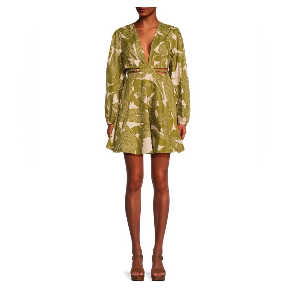 Walter Baker Janelle Leaf Print Plunging Mini Dress Size 10 vacay ready